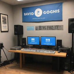 Podcast studio featuring a promotional banner for sponsor 'Bavid Goggis', with a mix of vintage and modern audio equipment in the foreground.