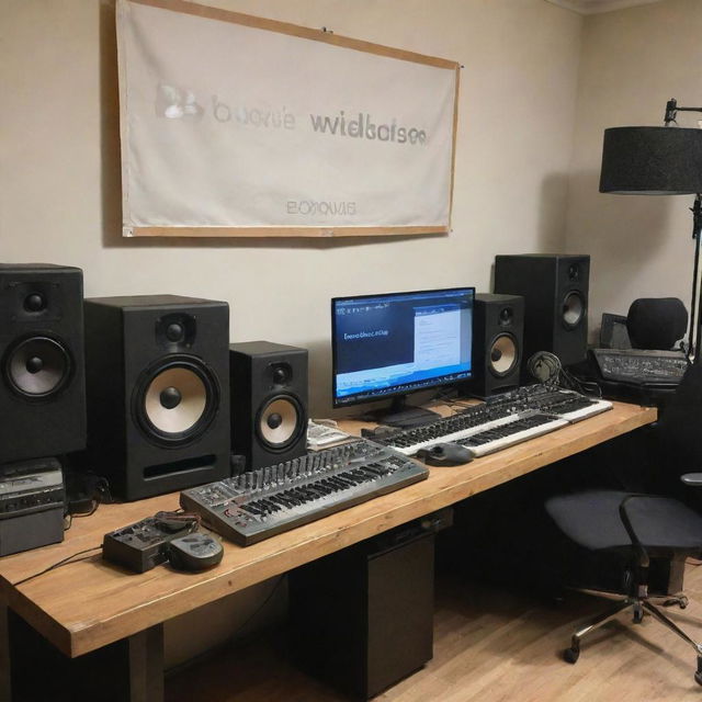 Podcast studio featuring a promotional banner for sponsor 'Bavid Goggis', with a mix of vintage and modern audio equipment in the foreground.