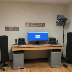 Podcast studio featuring a promotional banner for sponsor 'Bavid Goggis', with a mix of vintage and modern audio equipment in the foreground.