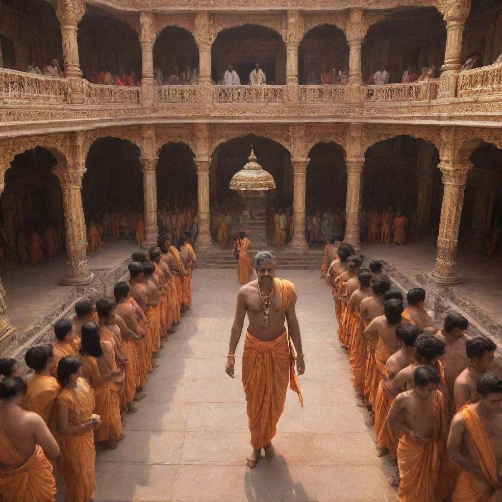 Lord Ram majestically walking in an intricately designed palace surrounded by awestruck people.