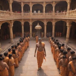 Lord Ram majestically walking in an intricately designed palace surrounded by awestruck people.