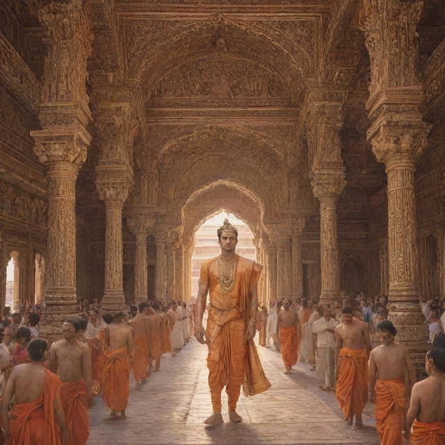 Lord Ram majestically walking in an intricately designed palace surrounded by awestruck people.