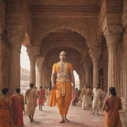 Lord Ram majestically walking in an intricately designed palace surrounded by awestruck people.