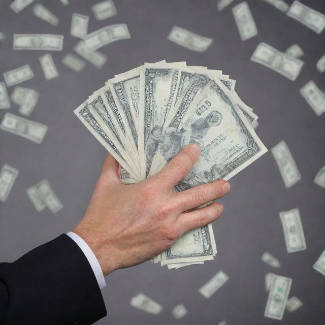 Illustrate a hand firmly gripping a bunch of dollar bills, symbolizing the path to prosperity and the ambitious goal of becoming a millionaire.