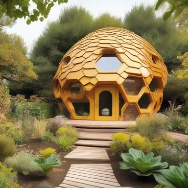The design of this house incorporates a bee motif, with honeycomb patterns on the walls and a beehive-shaped structure in the garden.