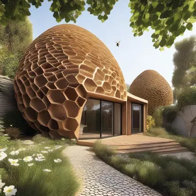 The design of this house incorporates a bee motif, with honeycomb patterns on the walls and a beehive-shaped structure in the garden.
