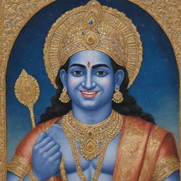 A gold-embroidered painting of Shree Ram with a peaceful smile, a blue complexion, traditional Indian attire and a magical bow in his hand, set against a celestial backdrop