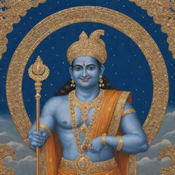 A gold-embroidered painting of Shree Ram with a peaceful smile, a blue complexion, traditional Indian attire and a magical bow in his hand, set against a celestial backdrop