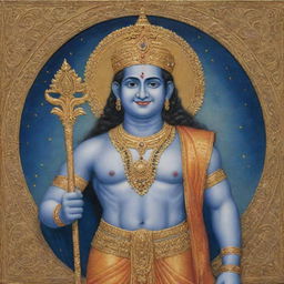 A gold-embroidered painting of Shree Ram with a peaceful smile, a blue complexion, traditional Indian attire and a magical bow in his hand, set against a celestial backdrop