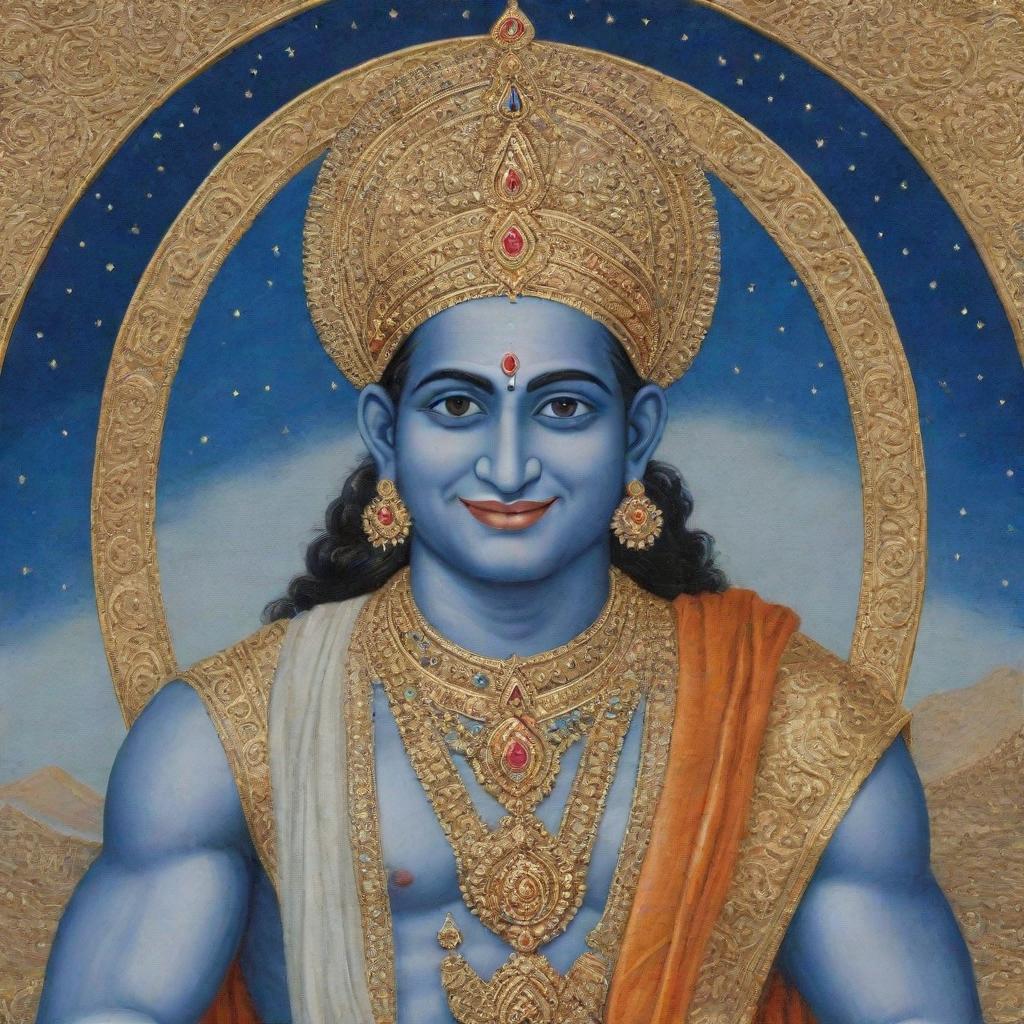 A gold-embroidered painting of Shree Ram with a peaceful smile, a blue complexion, traditional Indian attire and a magical bow in his hand, set against a celestial backdrop