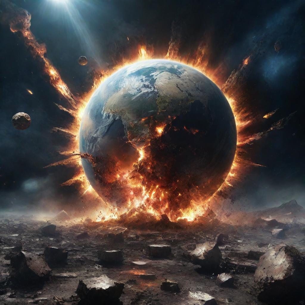 An apocalyptic scene with the earth exploding against a vast space backdrop, cosmic debris scattered everywhere, illuminating radiant flashes of diverse hues piercing through darkness.