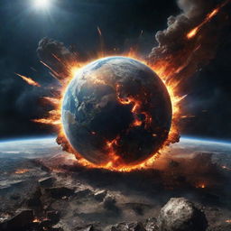 An apocalyptic scene with the earth exploding against a vast space backdrop, cosmic debris scattered everywhere, illuminating radiant flashes of diverse hues piercing through darkness.