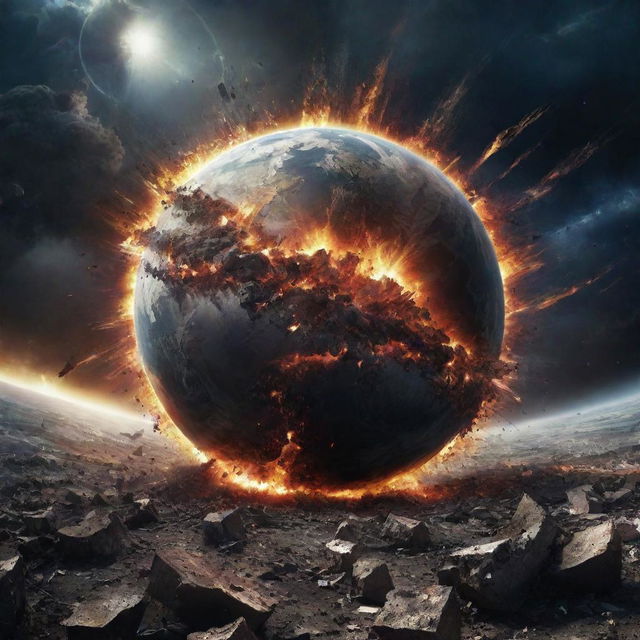 An apocalyptic scene with the earth exploding against a vast space backdrop, cosmic debris scattered everywhere, illuminating radiant flashes of diverse hues piercing through darkness.