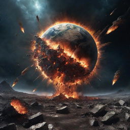 An apocalyptic scene with the earth exploding against a vast space backdrop, cosmic debris scattered everywhere, illuminating radiant flashes of diverse hues piercing through darkness.