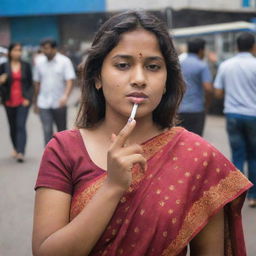 An Indian girl confidently smoking in a bustling public place, creating a strong contrast with traditional cultural norms.