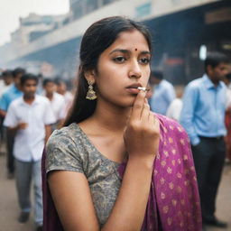 An Indian girl confidently smoking in a bustling public place, creating a strong contrast with traditional cultural norms.