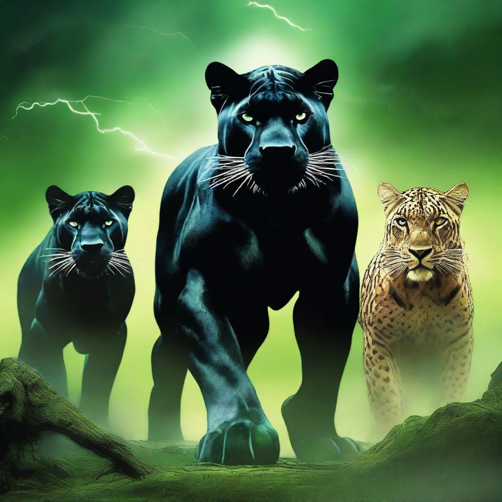 This is a digital art image portraying a male black panther with piercing green eyes in the foreground