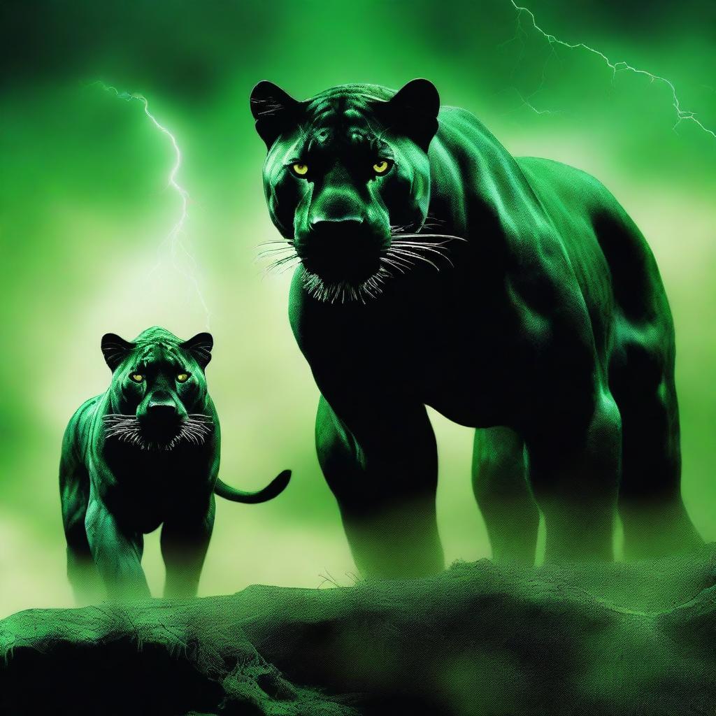 This is a digital art image portraying a male black panther with piercing green eyes in the foreground