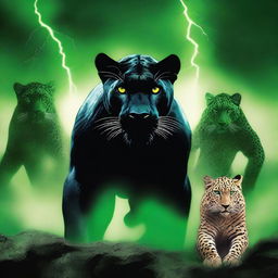 This is a digital art image portraying a male black panther with piercing green eyes in the foreground