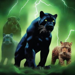 This is a digital art image portraying a male black panther with piercing green eyes in the foreground