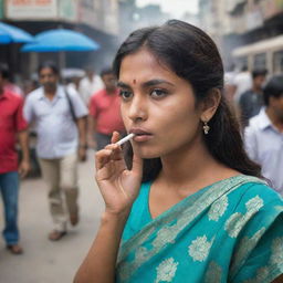 An Indian girl confidently smoking in a bustling public place, creating a strong contrast with traditional cultural norms.