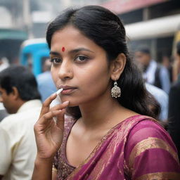 An Indian girl confidently smoking in a bustling public place, creating a strong contrast with traditional cultural norms.