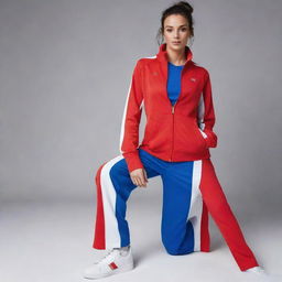 A stylish tracksuit in primary colors; vibrant red, cool blue, and crisp white