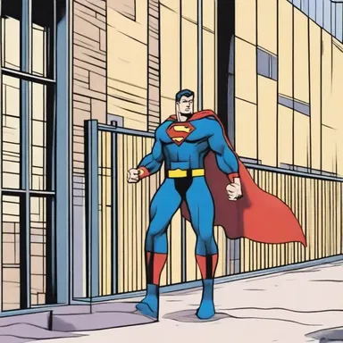 In the comic strip, the superhero uses the metal fence surrounding the building as a shield to protect the innocent from the supervillain's attacks.