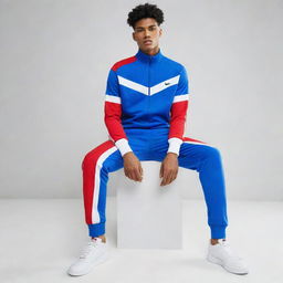 A stylish tracksuit in primary colors; vibrant red, cool blue, and crisp white