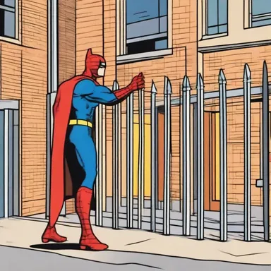 In the comic strip, the superhero uses the metal fence surrounding the building as a shield to protect the innocent from the supervillain's attacks.
