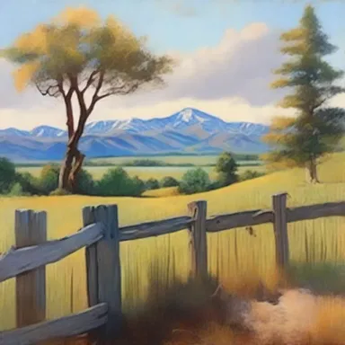 The artist painted a beautiful landscape with a rustic old fence in the foreground.