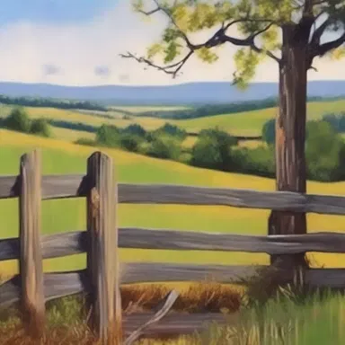 The artist painted a beautiful landscape with a rustic old fence in the foreground.