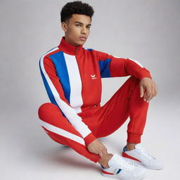 A stylish tracksuit in primary colors; vibrant red, cool blue, and crisp white