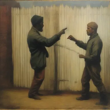 In the painting, the two figures fence spiritedly, engaging in a heated debate.