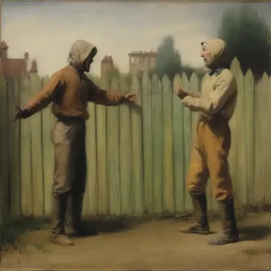 In the painting, the two figures fence spiritedly, engaging in a heated debate.