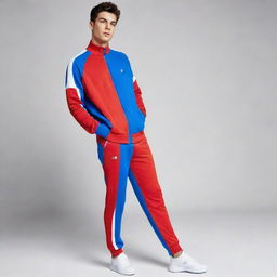 A stylish tracksuit in primary colors; vibrant red, cool blue, and crisp white