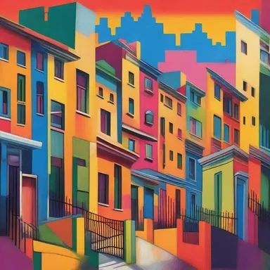 The artist used vibrant colors to fence the cityscape and give it a sense of energy and fortification.