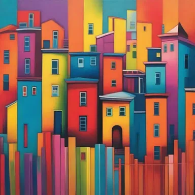 The artist used vibrant colors to fence the cityscape and give it a sense of energy and fortification.