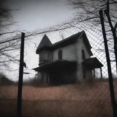 The haunted house was surrounded by a menacing fence, adding to the feeling of dread and isolation.