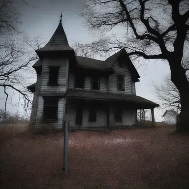 The haunted house was surrounded by a menacing fence, adding to the feeling of dread and isolation.