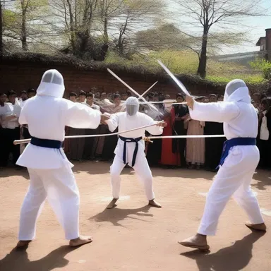 During the Easter celebration, the believers gather to fence with fencing swords as a symbolic representation of the fight between good and evil.