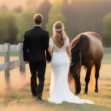 As the sun set, the couple held hands and watched the horses peacefully grazing inside the fence.
