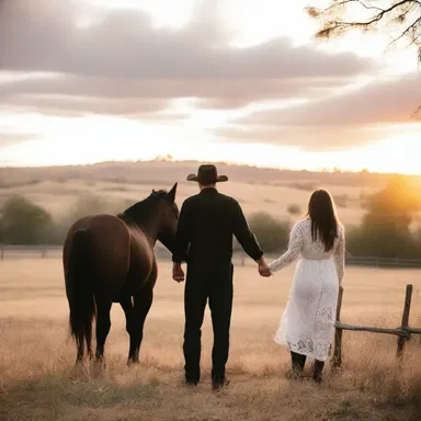 As the sun set, the couple held hands and watched the horses peacefully grazing inside the fence.