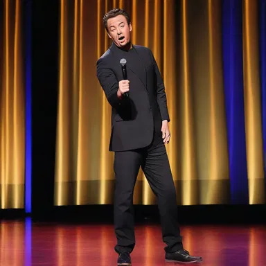 During the stand-up comedy routine, the comedian hilariously tells a joke about someone trying to fence stolen goods to unsuspecting buyers.