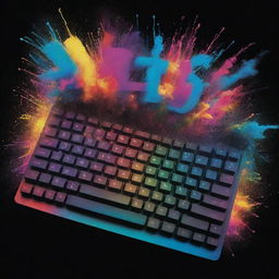 A film poster with a computer keyboard featuring vibrant colors, exploding effects surrounding the keyboard, and bold, larger-than-life typography to exude extreme excitement.