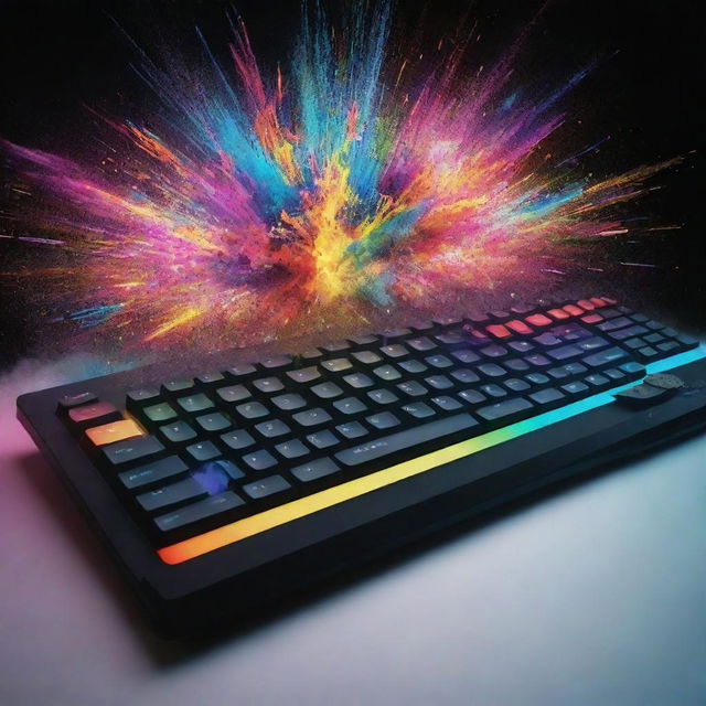 A film poster with a computer keyboard featuring vibrant colors, exploding effects surrounding the keyboard, and bold, larger-than-life typography to exude extreme excitement.