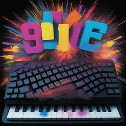 A film poster with a computer keyboard featuring vibrant colors, exploding effects surrounding the keyboard, and bold, larger-than-life typography to exude extreme excitement.