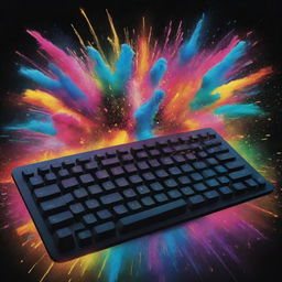 A film poster with a computer keyboard featuring vibrant colors, exploding effects surrounding the keyboard, and bold, larger-than-life typography to exude extreme excitement.