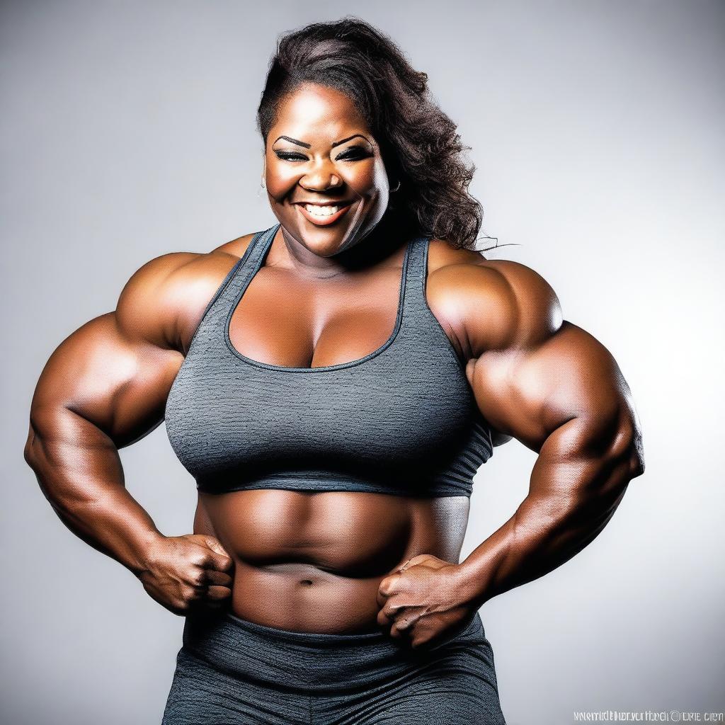 A high-quality photograph captures a BBW muscle girl in her prime