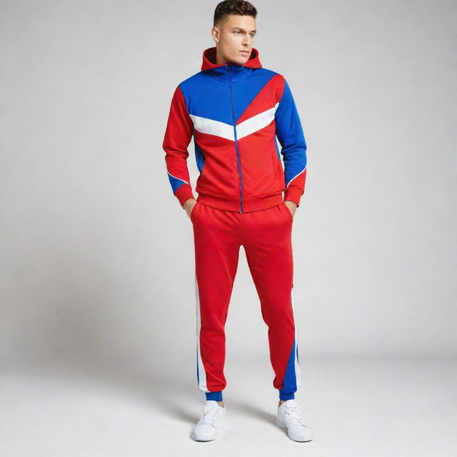 A stylish tracksuit in primary colors; vibrant red, blue, and white, isolated with no person wearing it